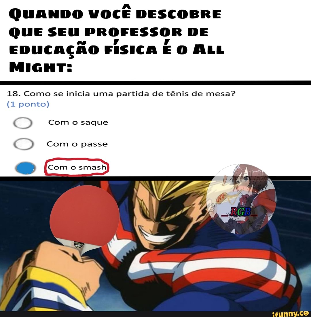 QUANDO VOCÊ DESCOBRE QUE SEU PROFESSOR DE EDUCAÇÃO FÍSICA O ALL MIGHT:
18. Como se inicia uma partida de tênis de mesa?
(1 ponto)
Com o saque
) Como passe
Com smash