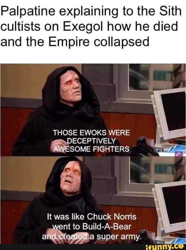 Palpatine explaining to the Sith cultists on Exegol how he died and the