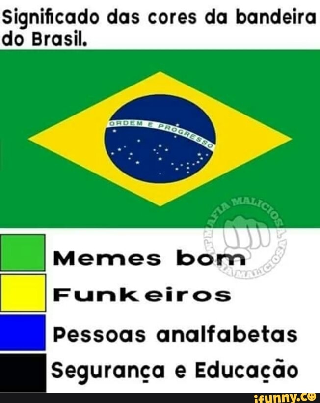 Significado das cores da bandeira
do Brasil.
E Memes bom
FI Funkeiros
= Pessoas analfabetas
E segurança e Educação