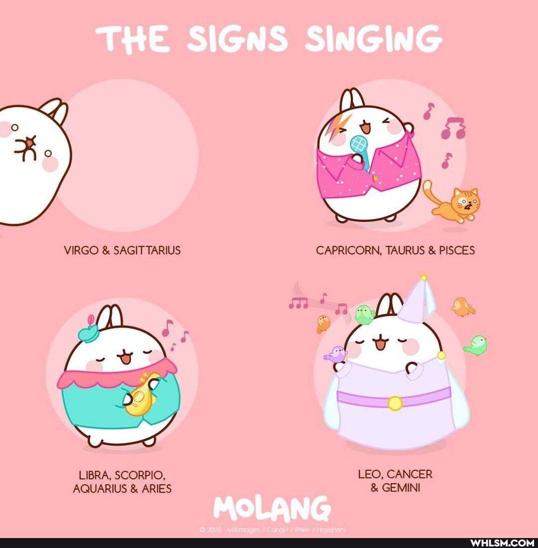 THE SIGNS SINGING
VIRGO & SAGITTARIUS
ry
LIBRA, SCORPIO,
AQUARIUS & ARIES
LEO, CANCER
& GEMINI
MOLANG