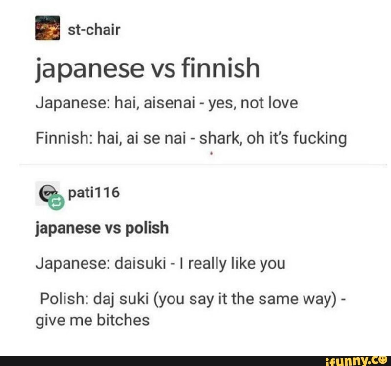 Japanese Vs Finnish Japanese Hai Aisenai Yes Not Love Finnish Hai Ai Se Nai Shark Oh It S Fucking Pati116 Japanese Daisuki I Really Like You Polish Daj Suki
