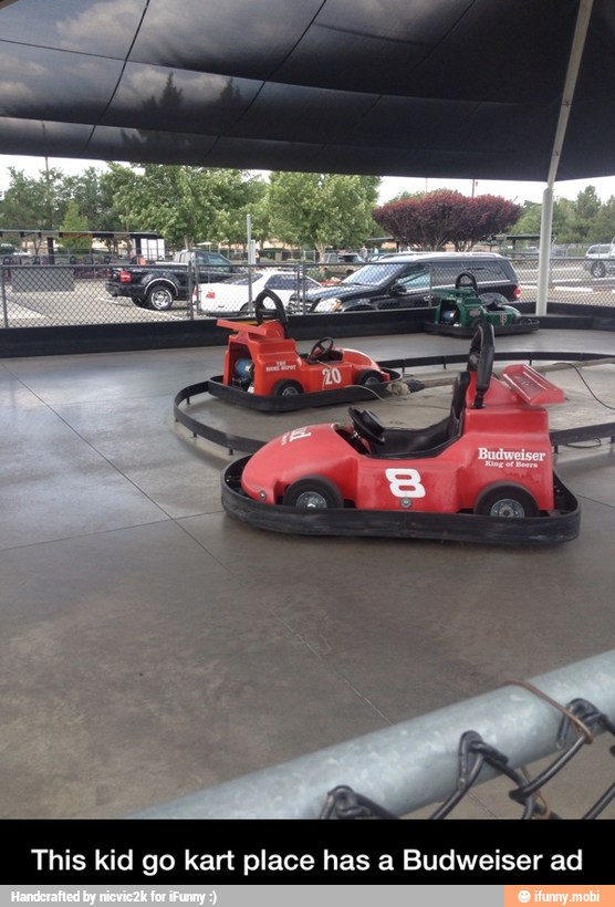 This kid go kart place has a Budweiser ad - This kid go kart place has a Budweiser ad