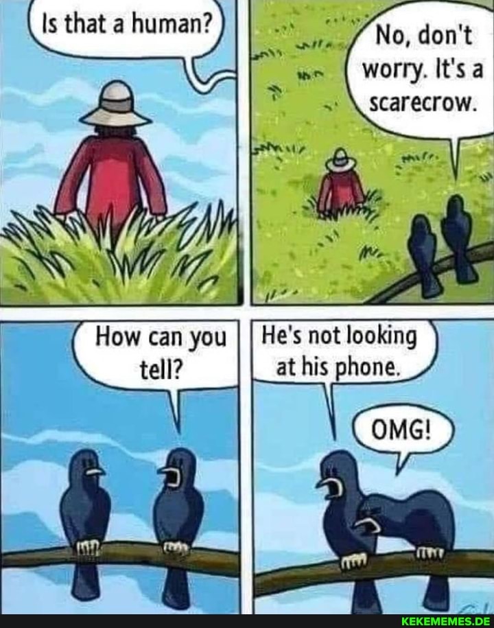 Is that a human? No, don't
worry. It's a scarecrow.
II
He's not looking at his phone.
OMe!
How can you tell?