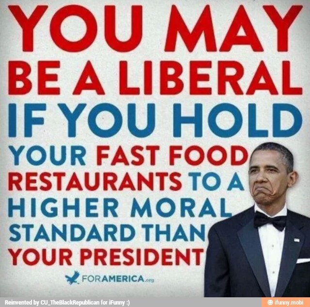 YOU MAY
BE A LIBERAL
IF YOU HOLD
YOUR FAST FOO o RESTAURANTS TO A
HIGHER MORA
STANDARD THAN
e PRESIDENT