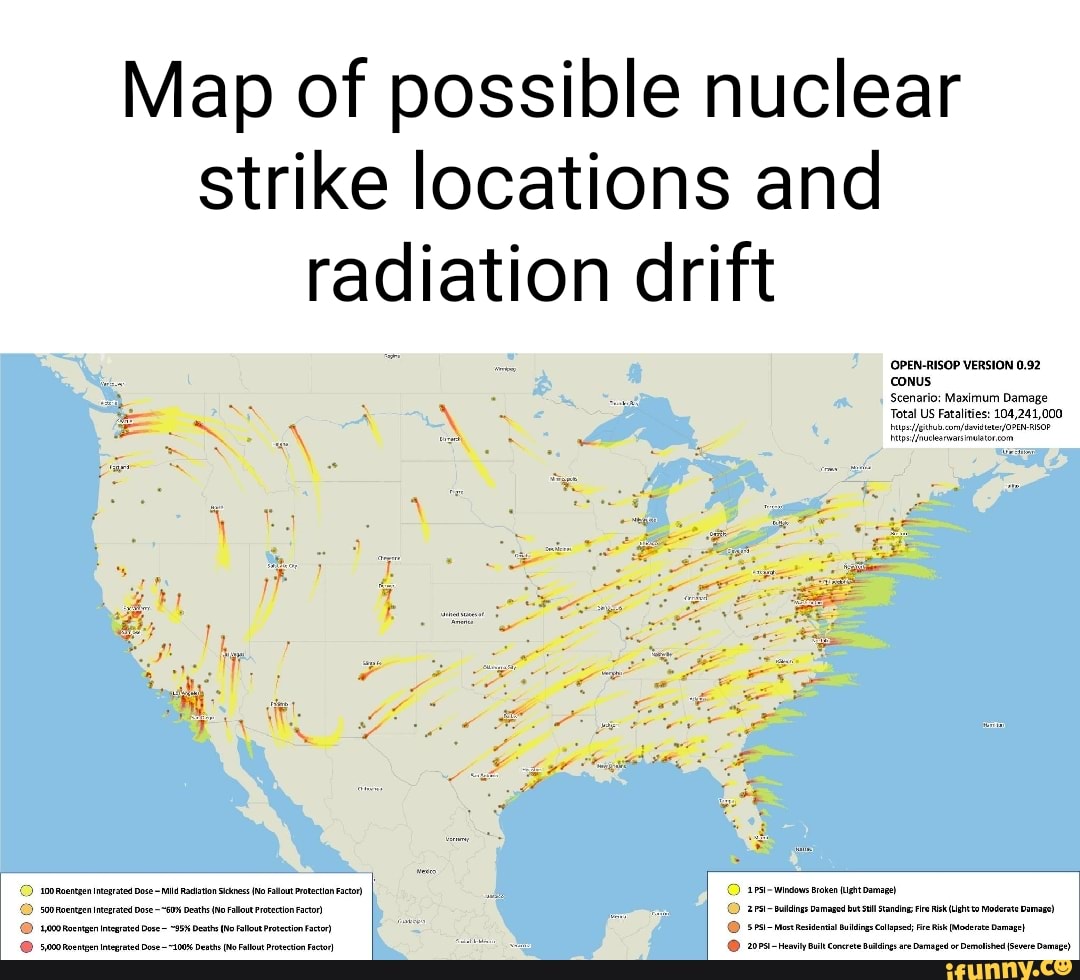 Map of possible nuclear strike locations and radiation drift - iFunny