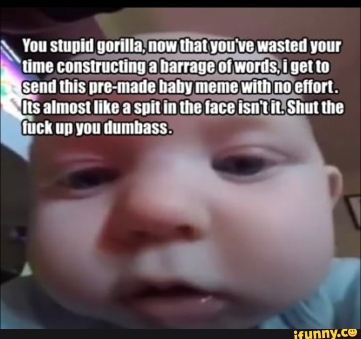 You stupid gorilla' constructing now that of wasted words! your get to time constructing a barrage of words! i get to
send this pre-made baby meme with no effort.
Its almost like a spit in the face Shut the fuck up you dumbass:
