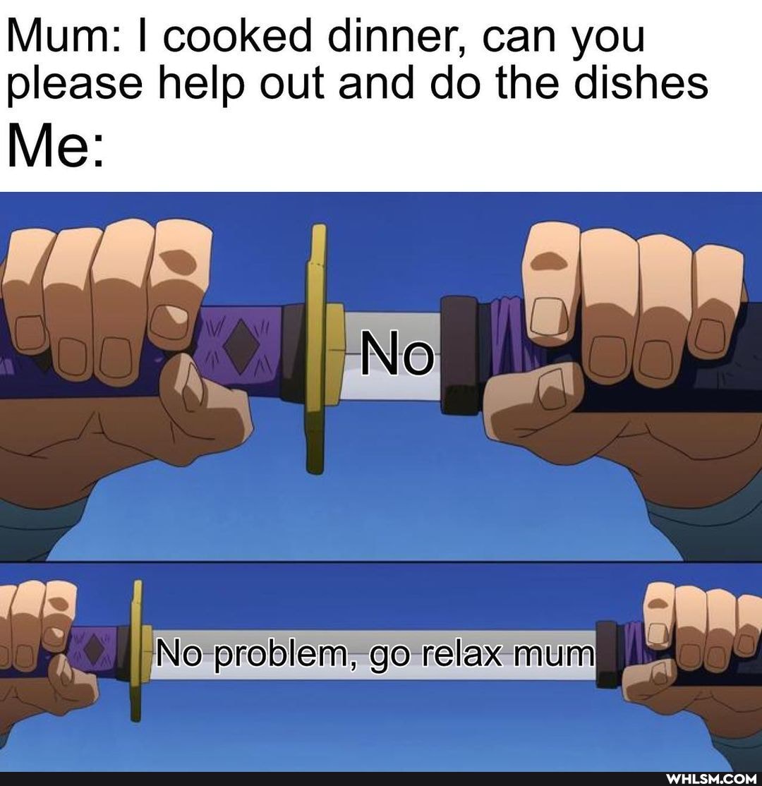 Mum: I cooked dinner, can you please help out and do the dishes
Me:
No -problem, go relax mum