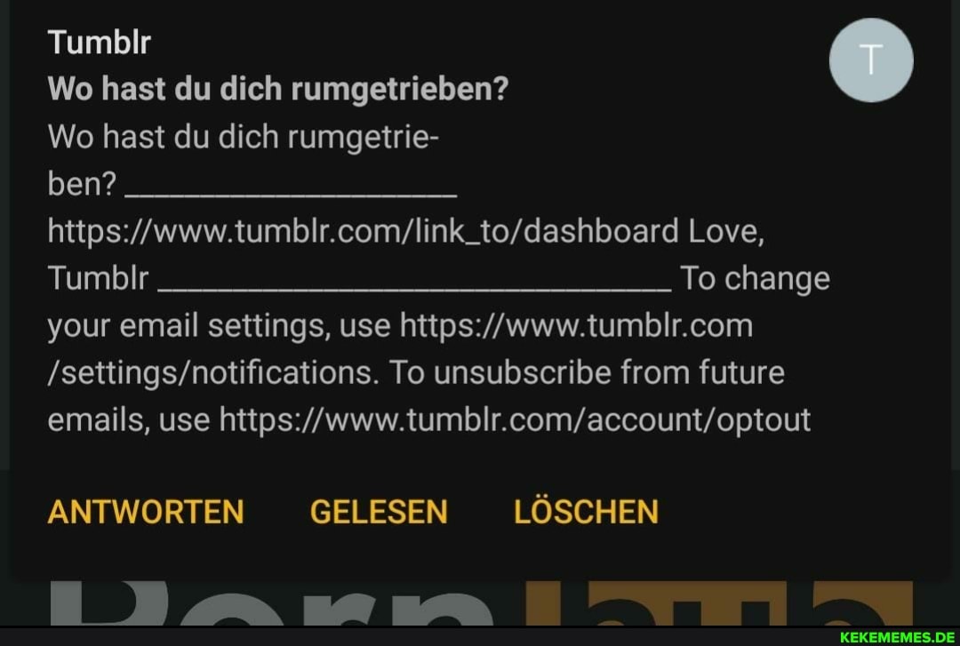 Tumbilr
Wo hast du dich rumgetrieben?
Wo hast du dich rumgetrie-
ben?
Love,
Tumdblr_ To change
your email settings, use
To unsubscribe from future emails, use
ANTWORTEN GELESEN LÖSCHEN