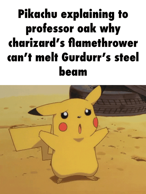 Pikachu explaining to professor oak why charizard's flamethrower can't