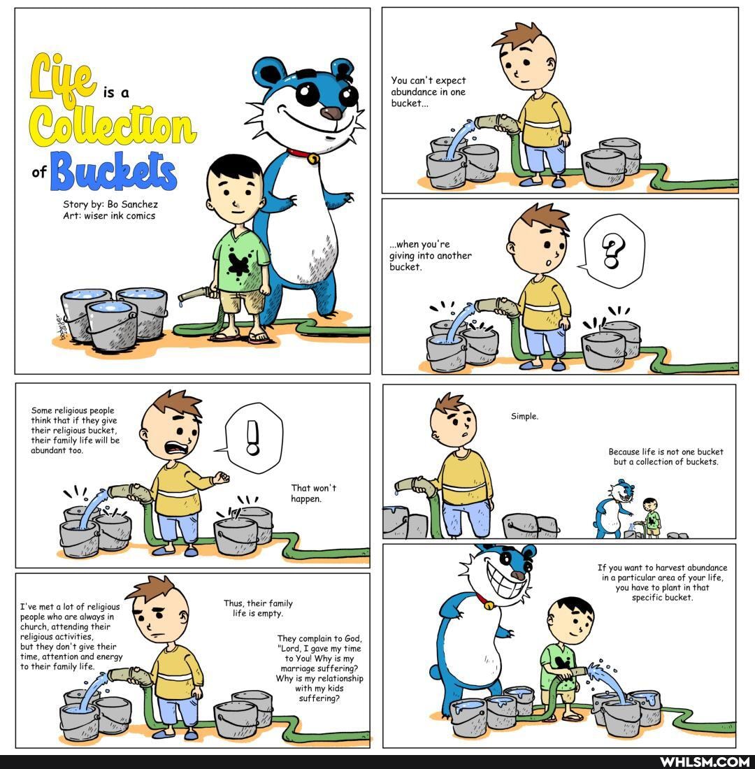 Le, isa
Colleciion
"Buckels
Story by: Bo Sanchez
Art: wiser ink comics
You can't expect abundance in one bucket..,
when you're giving into another
bucket.
Some religious people think that if they give their religious bucket,
'their Family life will be abundant too.
That won't
Au
happen.
T've met a lot of religious people who are always in cchurch, attending their religious activities,
but they don't give their time, attention and eneray to their family life.
'Thus, their family life is empty.
'They complain to God,
"Lord, gave my time
'to You! Why is my marriage suffering?
Why is my relationship with my kids suffering?
Simple.
Because life is not one bucket but a collection of buckets,
Tf you want to harvest abundance ina particular area of your life, you have to plant in that
specific bucket.