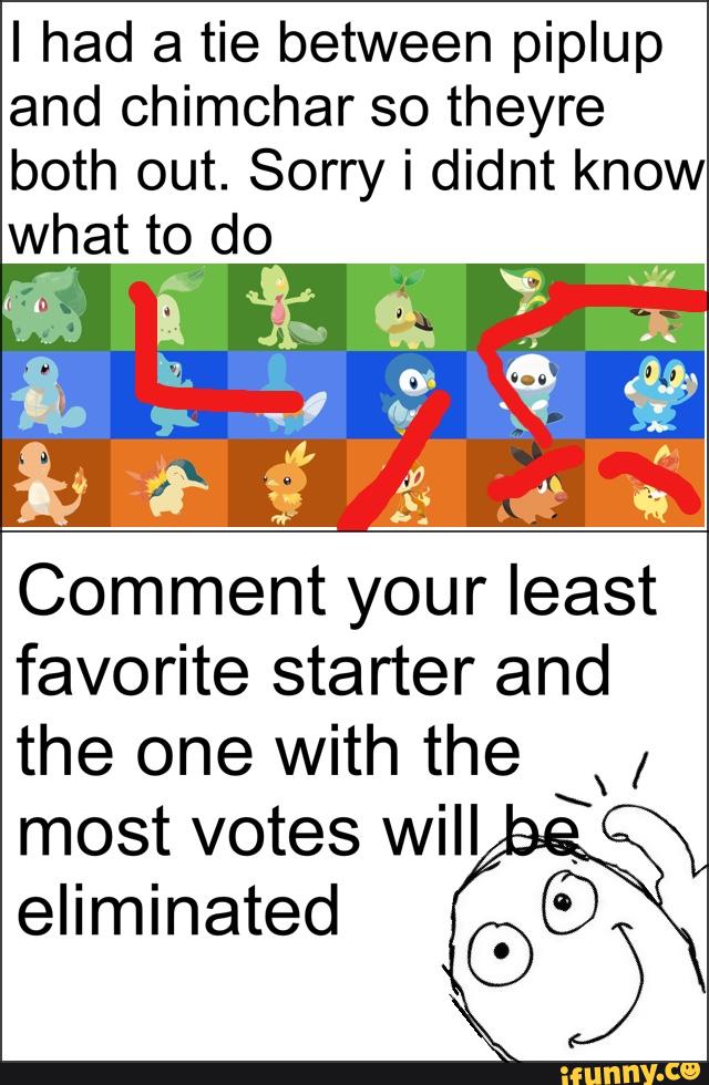 I had a tie between piplup
and chimchar so theyre
both out. Sorry i didnt know
what to do
Comment your least
favorite starter and
the one With the
x
,
&
most votes will
eliminated Ge?)