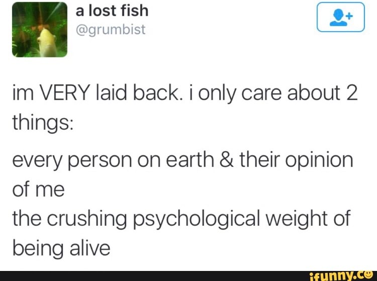 im VERY laid back. i only care about 2
things:
every person on earth their opinion
of me
the crushing psychological weight of
being alive