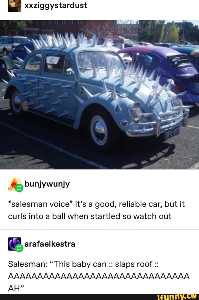 [I xxziggystardust
*salesman voice* it's a good, reliable car, but it
curls into a ball when startled so watch out
Salesman: "This baby can slaps roof