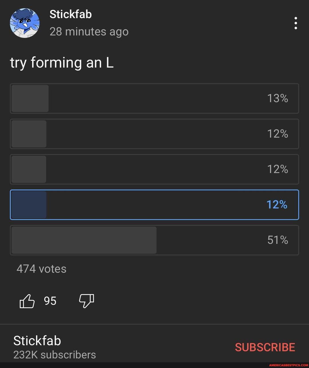 Stickfab
28 minutes ago
try forming an L
13%
12%
12%
12%
51%
474 votes
ms DD
Stickfab 232K SUBSCRIBE
232K subscribers