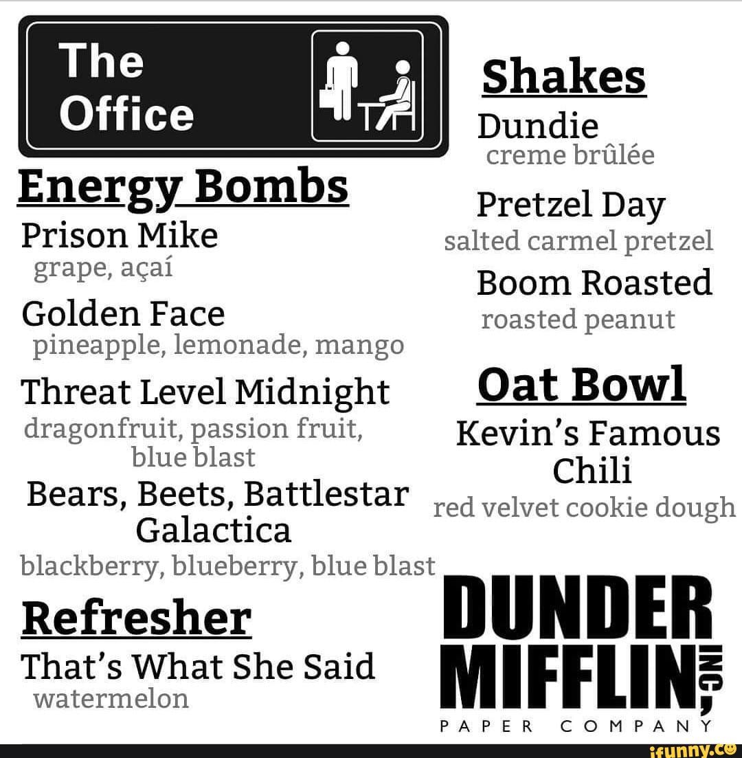 Shakes The Office II Dundie creme brule Energy Bombs Pretzel Day Prison  Mike salted carmel pretzel