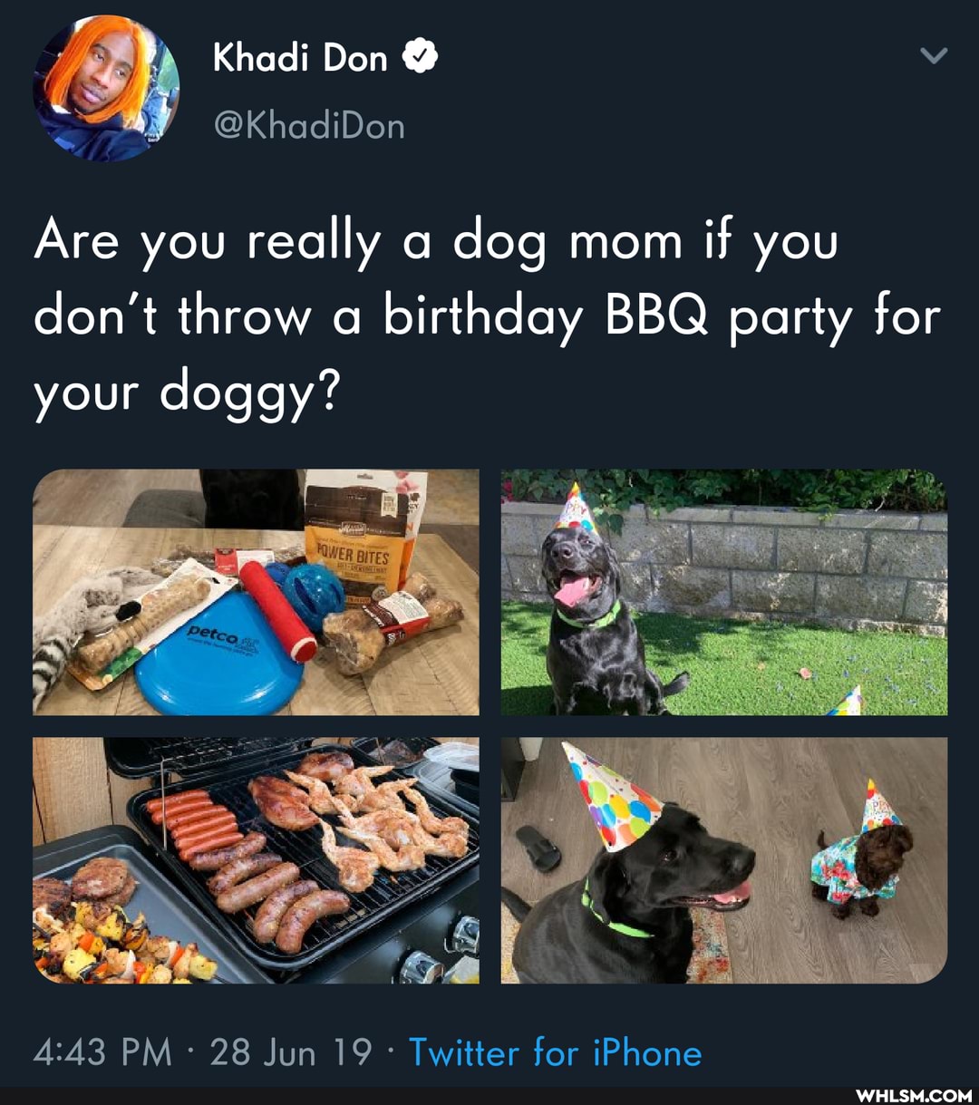 Khadi Don @
@KhadiDon
Are you really a dog mom if you
don't throw a birthday BBQ party for your doggy?
PM 28 Jun 19 Twitter for iPhone