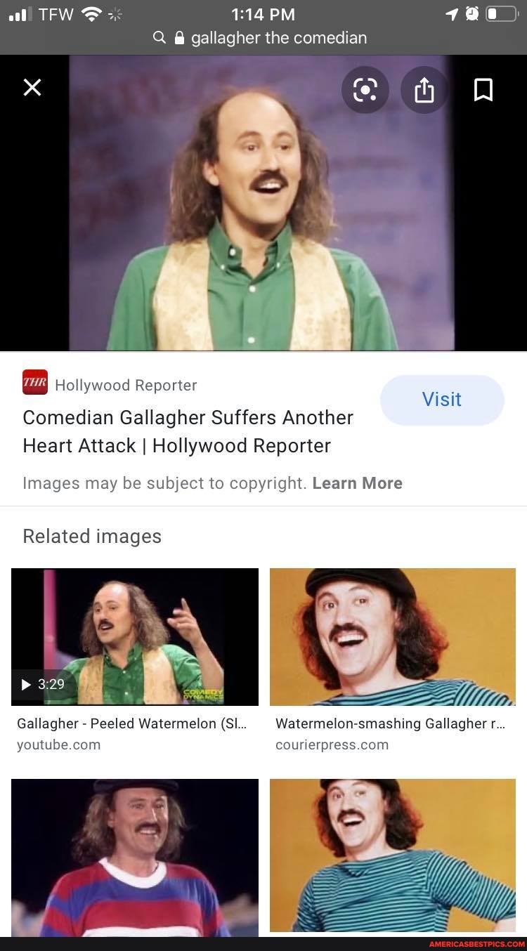 PM
Q @ gallagher the comedian
Hollywood Reporter
Comedian Gallagher Suffers Another
Heart Attack I Hollywood Reporter
Images may be subject to copyright. Learn More
Related images
Gallagher - Peeled Watermelon (SI... Watermelon smashing Gallagher r...