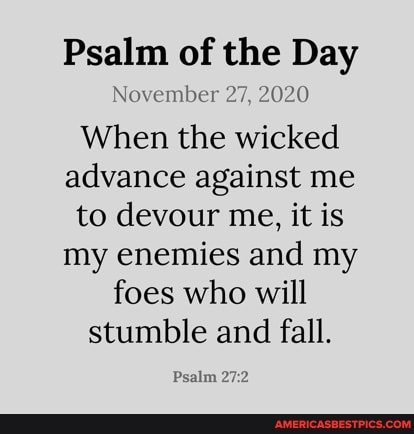 Psalm of the Day
November 27, 2020
When the wicked advance against me to devour me, it is my enemies and my foes who will stumble and fall.
Psalm