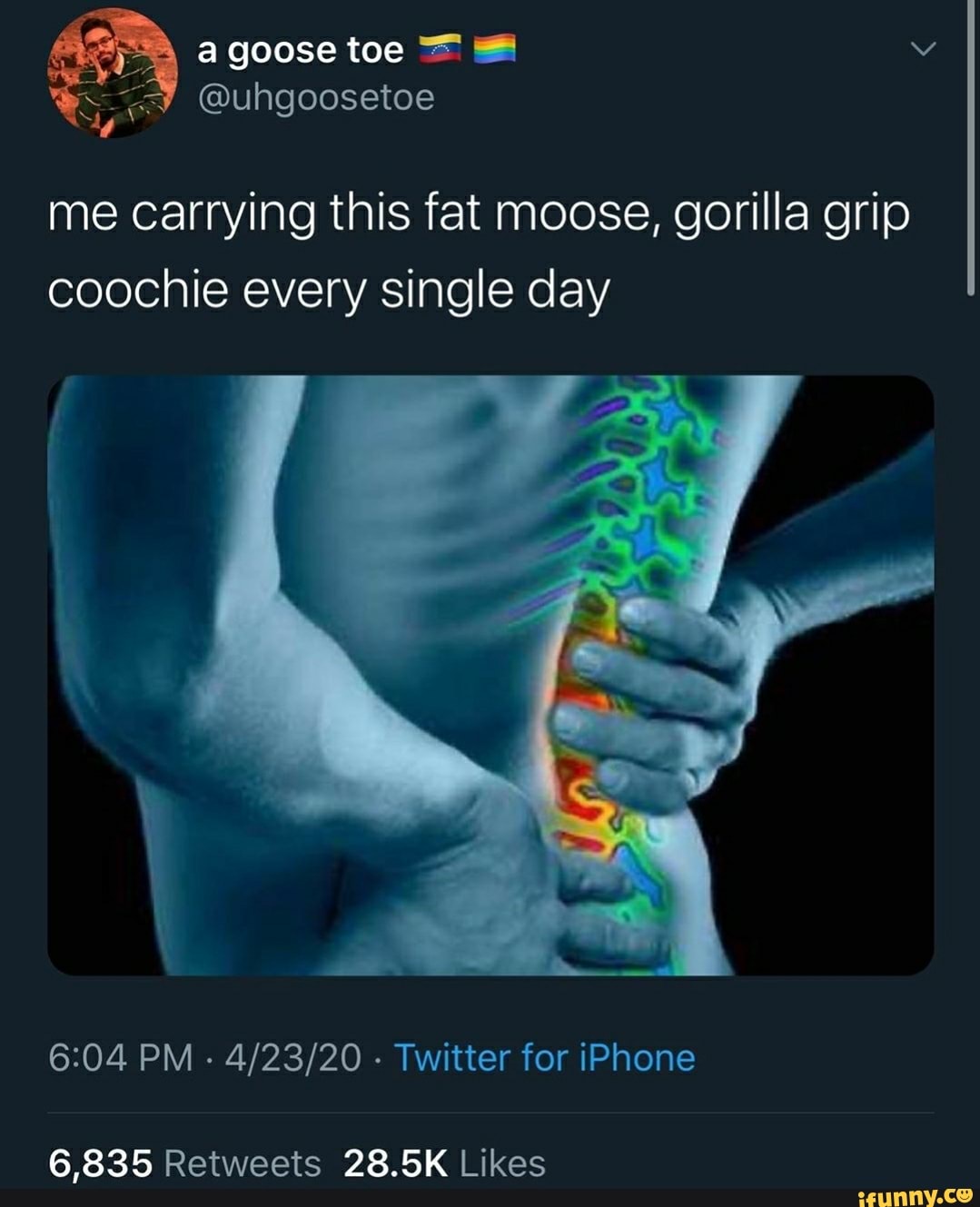 A me carrying this fat moose, gorilla grip coochie every single day 6:04 PM  4/23/20 Twitter for iPhone - iFunny