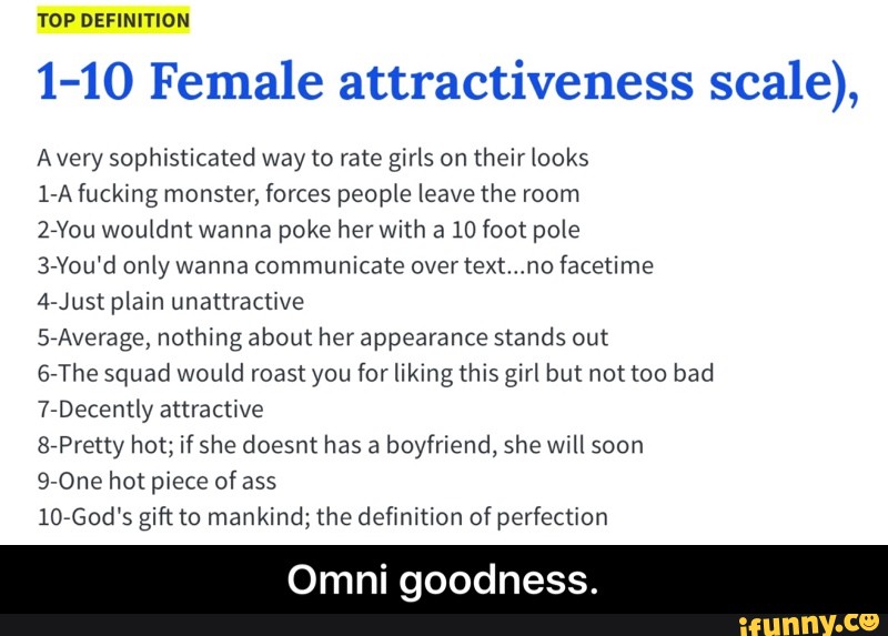 Top Definition 1 10 Female Attractiveness Scale A Very Sophisticated Way To Rate Girls On Their Looks L A Fucking Monster Forces People Leave The Room Zryou Wouldnt Wanna Poke Her With A 10