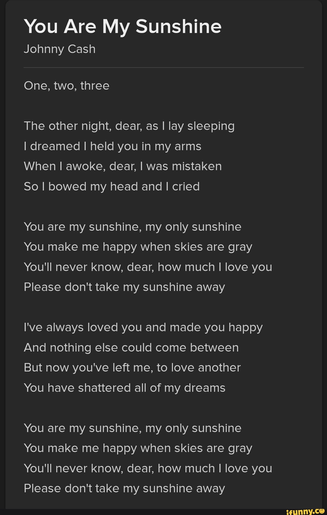 Johnny Cash – You Are My Sunshine Lyrics