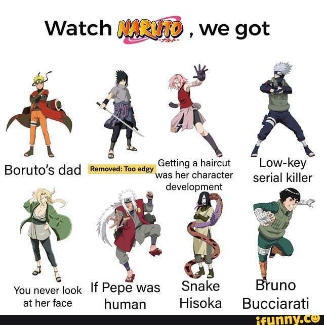 Getting a haircut Low-key
Boruto's dad Removed: her character serial killer
development
You never look If Pepe was Snake