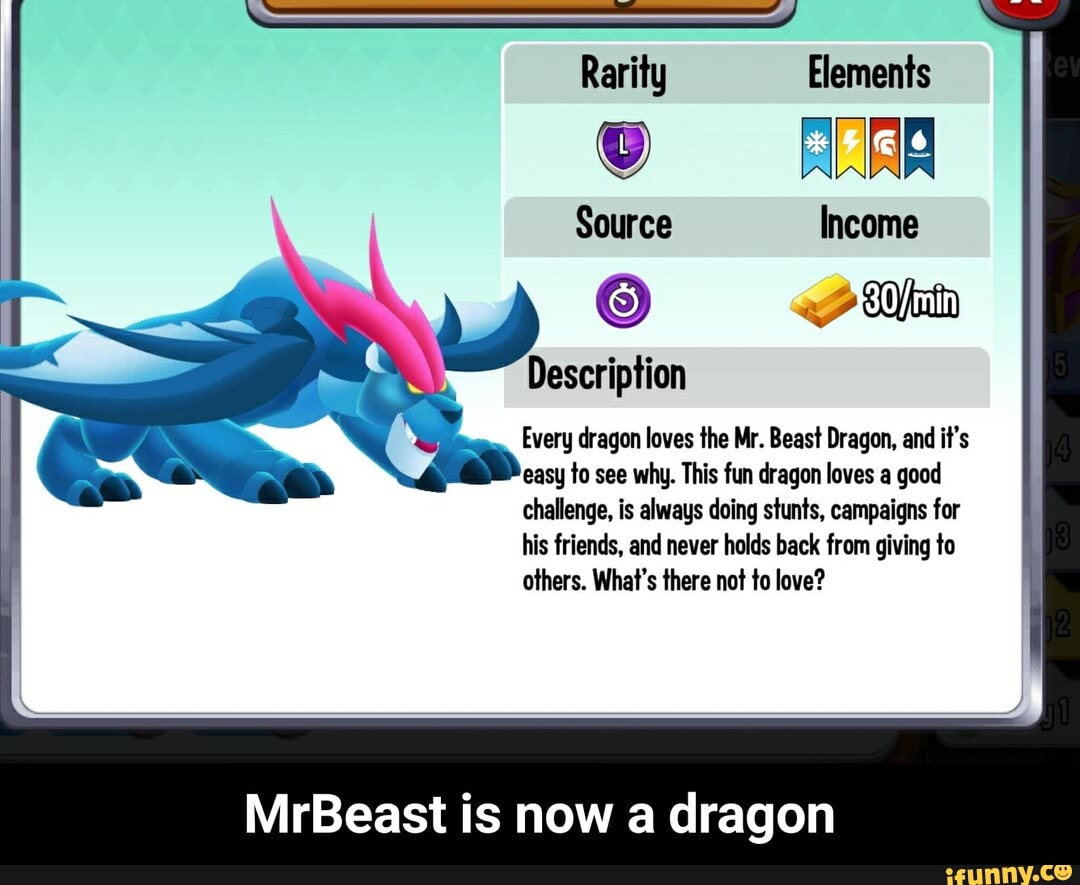 Rarity Elements Source Income Description Every Dragon Loves The Mr Beast Dragon And It S Easy To See Why This Fun Dragon Loves A Good Challenge Is Always Doing Stunts Campaigns For His