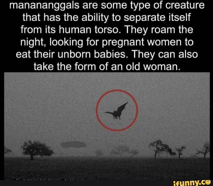 manananggals are some type of creature
that has the ability to separate itself
from its human torso. They roam the
night, looking for pregnant women to
eat their unborn babies. They can also
take the form of an old woman.