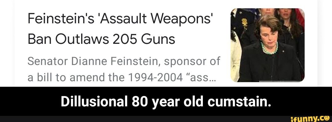 Feinstein's “Assault Weapons'
Ban Outlaws 205 Guns
Senator Dianne Feinstein, sponsor of
a bill to amend the 1994-2004 “ass...
Dillusional 80 year old cumstain. - Dillusional 80 year old cumstain.