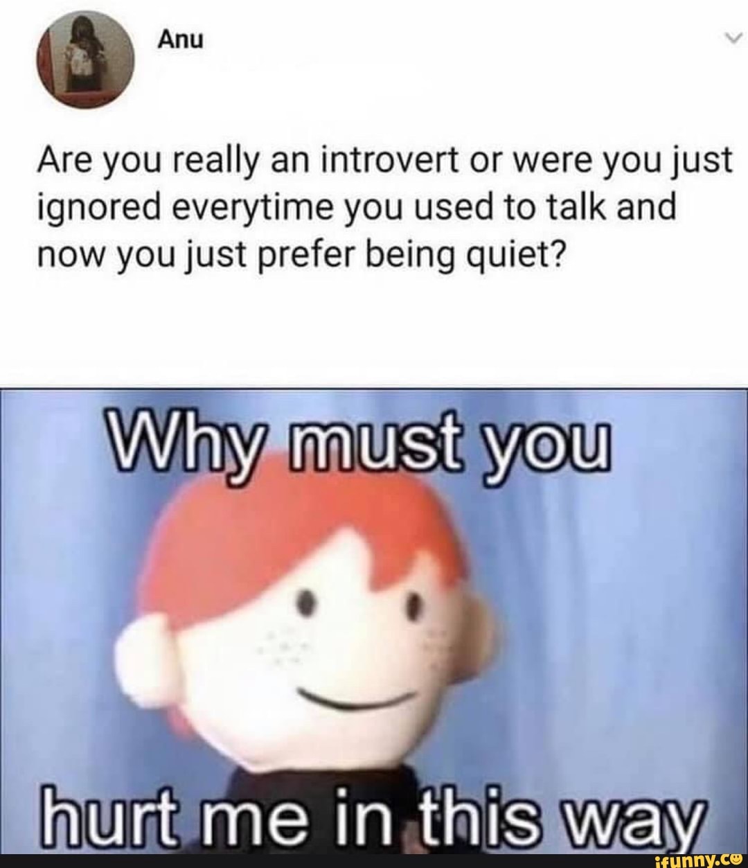 Are you really an introvert or were you just ignored everytime you used to talk and now you just prefer being quiet?
you
hurt me in this wa