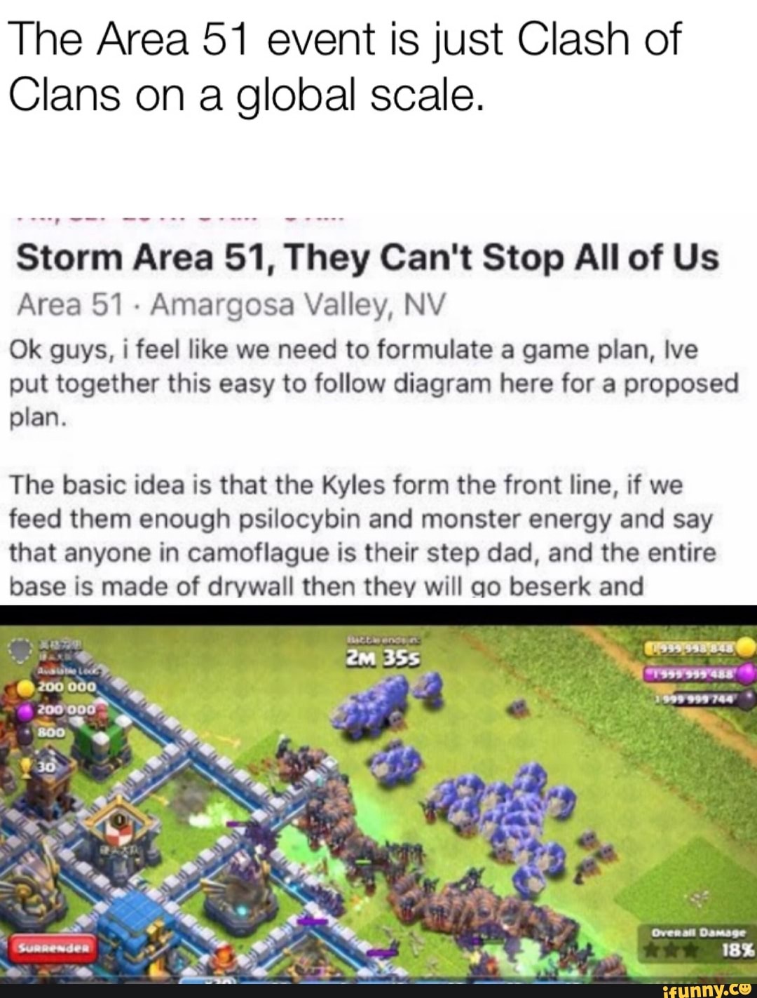 The Area 51 event is just Clash of
Clans on a global scale.
Storm Area 51. They Can't Stop All of Us
Area 51
-
Amargosa Valley, NV
Ok guys, i feel like we need to formulate a game plan, Ive
put together this easy to follow diagram here for a proposed
plan.
The basic idea is that the Kyles form the front line, if we
feed them enough psilocybin and monster energy and say
that anyone in camoflague is their step dad, and the entire
base is made of drvwall then thev will qo beserk and