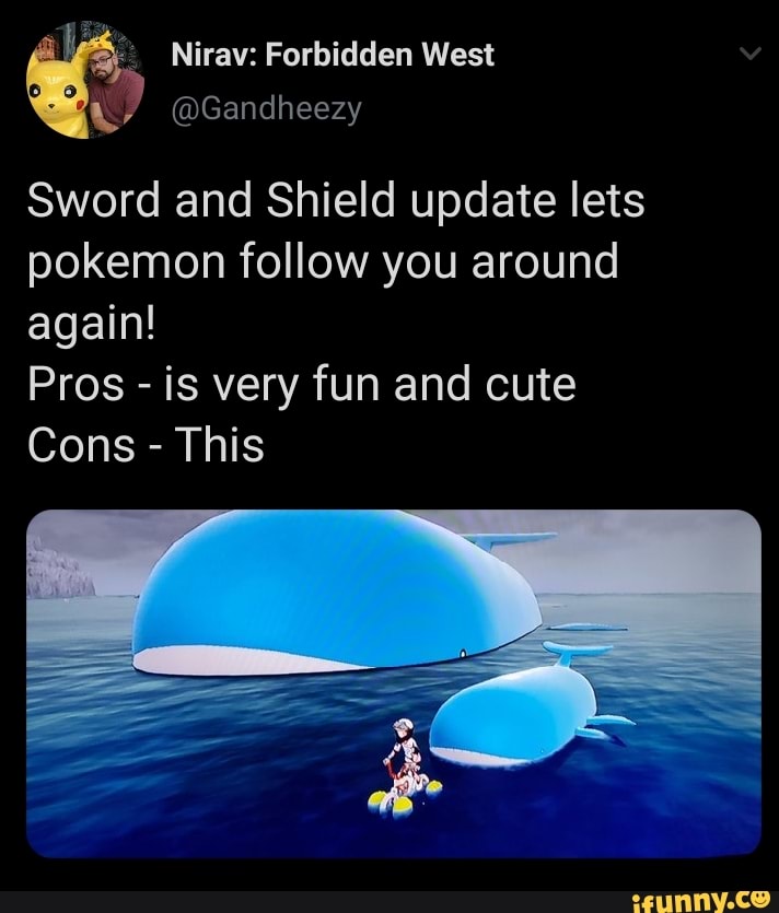Sword and Shield update lets
pokemon follow you around
again!
Pros
is very fun and cute
Cons This