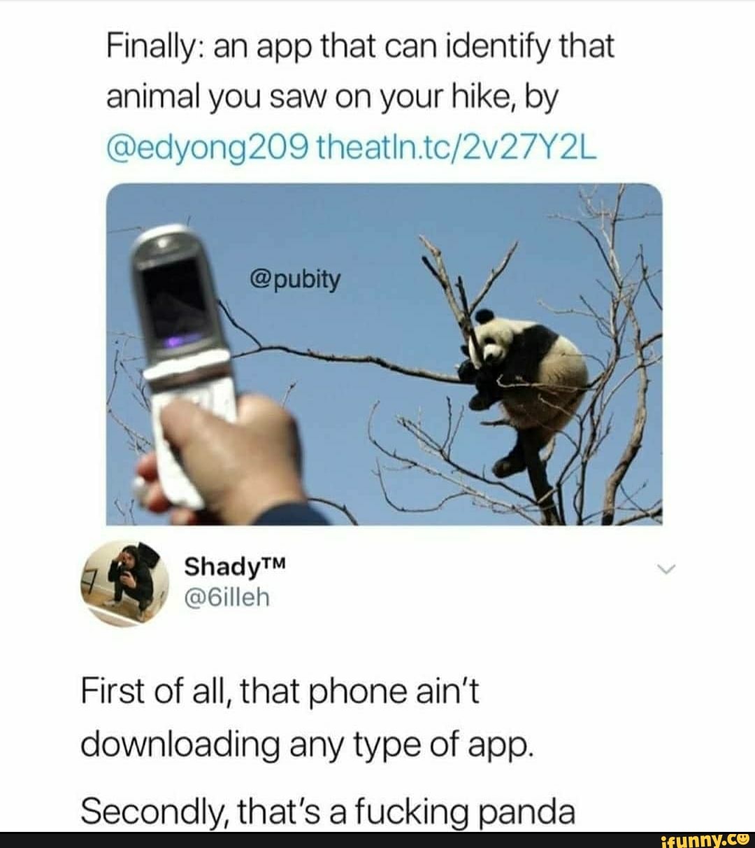 Finally: an app that can identify that
animal you saw on your hike, by
8
First of all, that phone ain't
downloading any type of app.
Secondly, that's a fucking panda