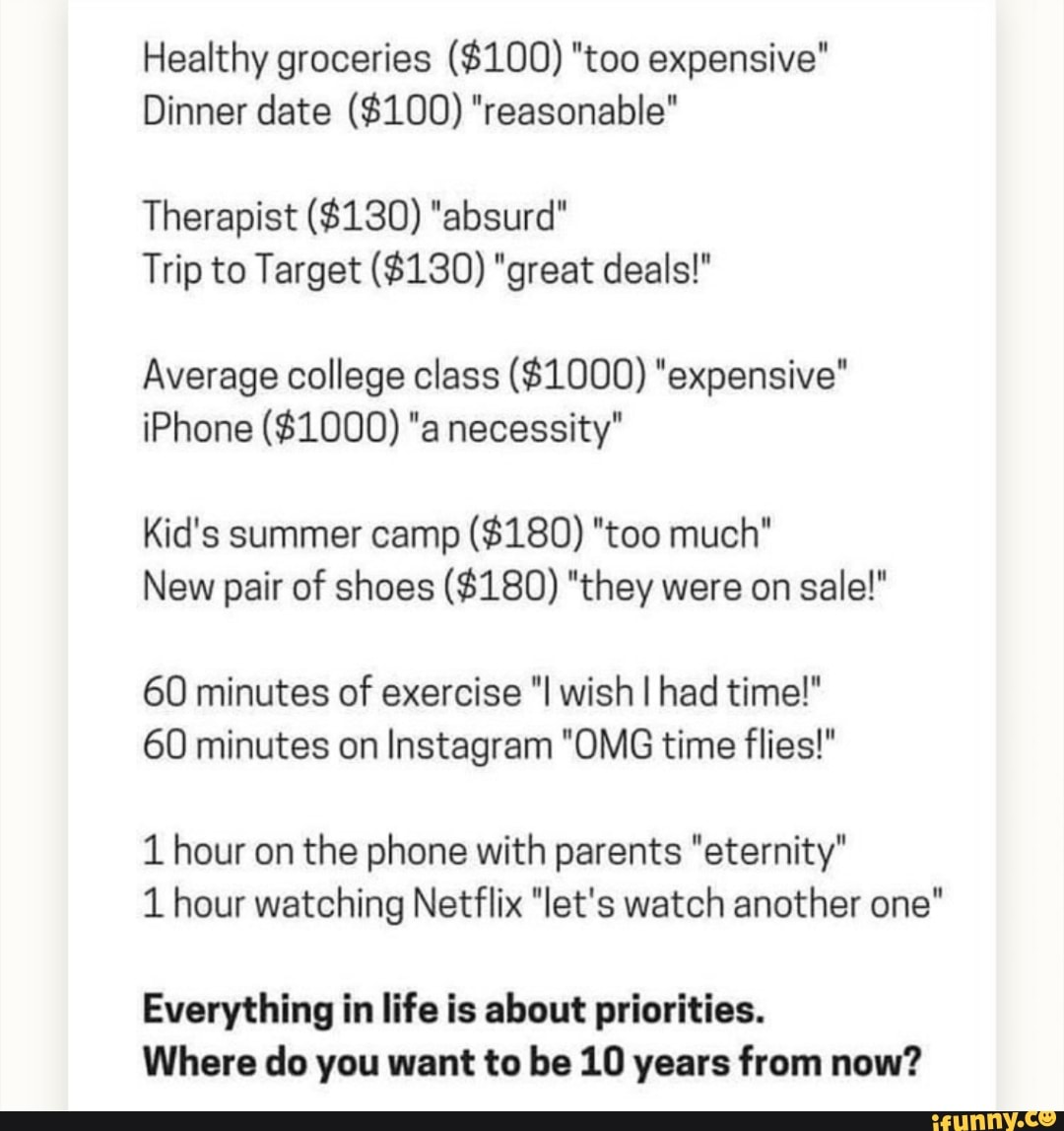 Healthy groceries ($100) "too expensive"
Dinner date ($100) "reasonable"
Therapist ($130) "absurd"
Trip to Target ($130) "great deals!"
Average college class ($1000) "expensive"
iPhone ($1000) "a necessity"
Kid's summer camp ($180) "too much"
New pair of shoes ($180) "they were on sale!"
60 minutes of exercise "I wish I had time!"
60 minutes on Instagram "OMG time flies!"
1 hour on the phone with parents "eternity"
1 hour watching Netflix "let's watch another one'
Everything in life is about priorities.
Where do you want to ha 10 years from now?