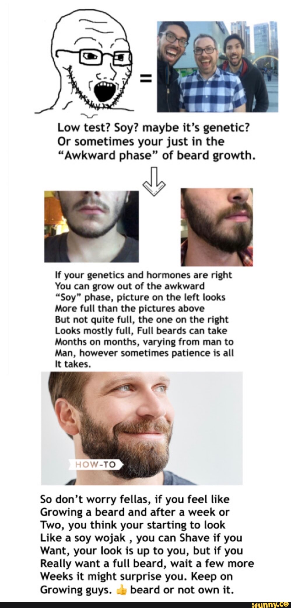 Low test? Soy? maybe it's genetic?
Or sometimes your just in the
"Awkward phase" of beard growth.
If your genetics and hormones are right
You can grow out of the awkward
"Soy" phase, picture on the left looks
More full than the pictures above
But not quite full, the one on the right
Looks mostly full, Full beards can take
Months on months, varying from man to
Man, however sometimes patience is all
It takes.
So don't worry fellas, if you feel like
Growing a beard and after a week or
Two, you think your starting to look
Like a soy wojak
you can Shave if you
Want, your look is up to you, but if you
Really want a full beard, wait a few more
Weeks it might surprise you. Keep on