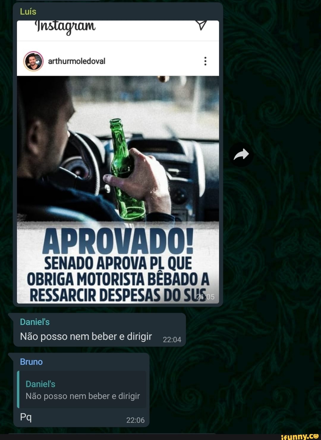 Luís
APROVADO!
SENADO APROVA PL QUE
OBRIGA MOTORISTA BEBADO A RESSARCIR DESPESAS DO SUS
Daniel's
Não posso nem beber e dirigir
Bruno
Pq
Daniel's
Não posso nem beber e dirigir