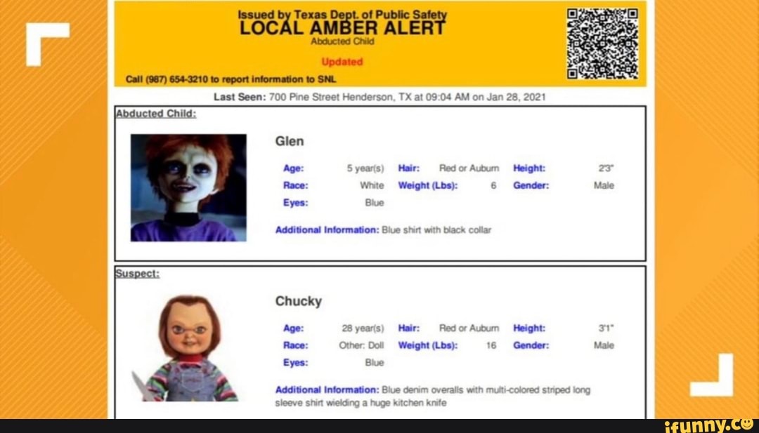 TOCA AMBER ALERT
'Abducted Child
Call (967) 654-3210 to report information to SNL Last Seen: 700 Pine Street Henderson, TX at AM on Jan 28, 2021
Age: Syears) Hair: Redor Aubum Height:
Race: White Weight (Lbs): 6 Gender: Male
Eyes: Blue
Additional Information: Bive shirt with black collar
Chucky
Age: 28 year's) Hair: RedorAubum Height: or
Race: Other: Doll Weight (Lbs): 16- Gender: Male
Eyes: Biue
Additional Information: Biue denim overalls with multi-colored striped long sleeve shin wielding a huge kitchen knite