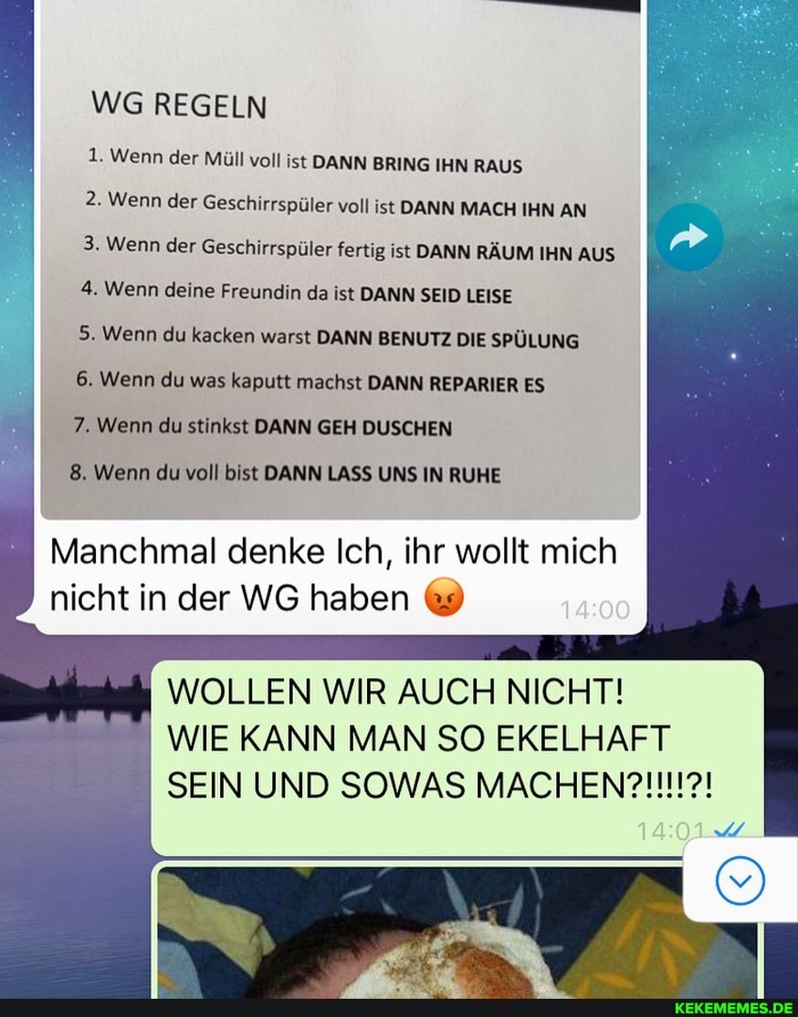 WG REGELN
1. Wenn der Müll voll ist DANN BRING IHN RAUS
2. Wenn der Geschirrspüler voll ist DANN MACH IHN AN
3. Wenn der Geschirrspüler fertig ist DANN RÄUM IHN AUS
4. Wenn deine Freundin da ist DANN SEID LEISE
5. Wenn du kacken warst DANN BENUTZ DIE SPÜLUNG
6. Wenn du was kaputt machst DANN REPARIER ES
7. Wenn du stinkst DANN GEH DUSCHEN
8. Wenn du voll bist DANN LASS UNS IN RUHE
Manchmal denke Ich, ihr wollt mich nicht in der WG haben &
WOLLEN WIR AUCH NICHT!
I I WIE KANN MAN SO EKELHAFT SEIN UND SOWAS MACHEN?!!!?!