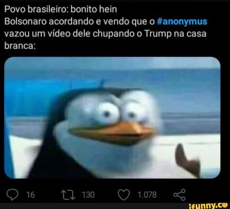 Povo brasileiro: bonito hein
Bolsonaro acordando e vendo que o fanonymus
vazou um vídeo dele chupando o Trump na casa
branca: