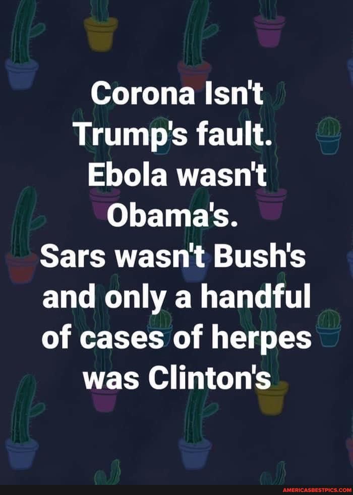 Corona Isn't
Trump's fault.
Ebola wasn't
Obama's.
Sars wasn't Bush's and only a handful of cases of herpes was Clinton's