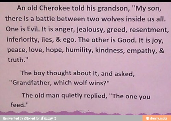 An old Cherokee told his grandson, "My son,
there is a battle between two wolves inside us all.
One is Evil. It is anger, jealousy, greed, resentment,
inferiority, lies, ego. The other is Good. It is joy,
peace, love, hope, humility, kindness, empathy, Atala
The boy thought about it, and asked,
"Grandfather, which wolf wins?"
The old man quietly replied, "The one you