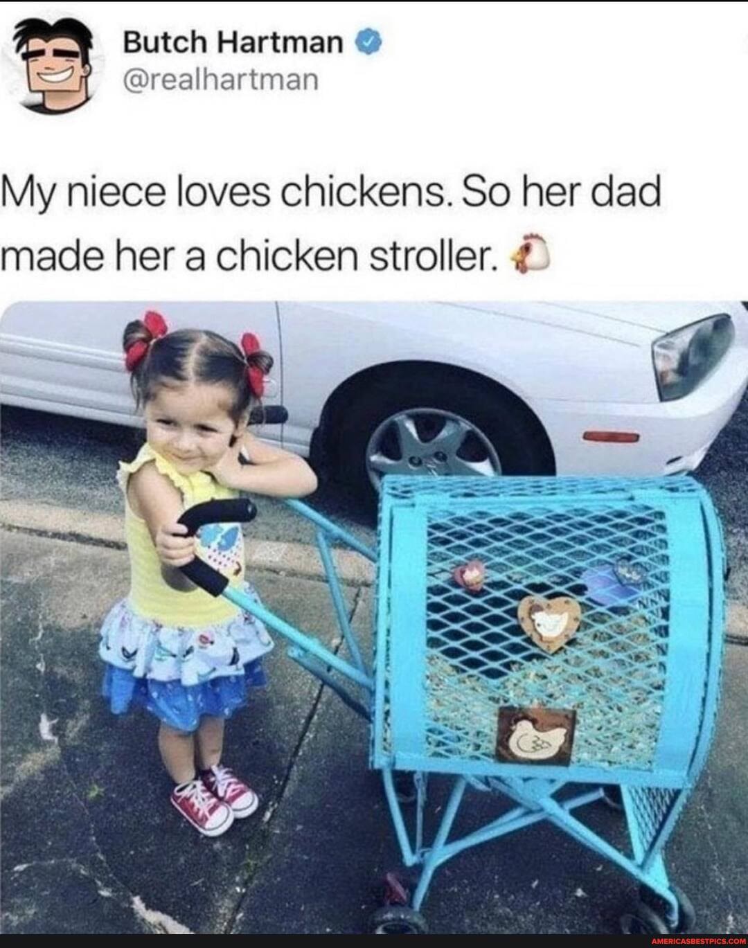 Butch Hartman
My niece loves chickens. So her dad made her a chicken stroller.