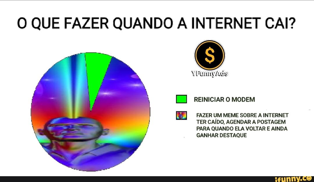 O QUE FAZER QUANDO A INTERNET CAI?
Sa REINICIAR O MODEM
FAZER UM MEME SOBRE A INTERNET
TER CAÍDO, AGENDAR A POSTAGEM
PARA QUANDO ELA VOLTAR E AINDA
GANHAR DESTAQUE