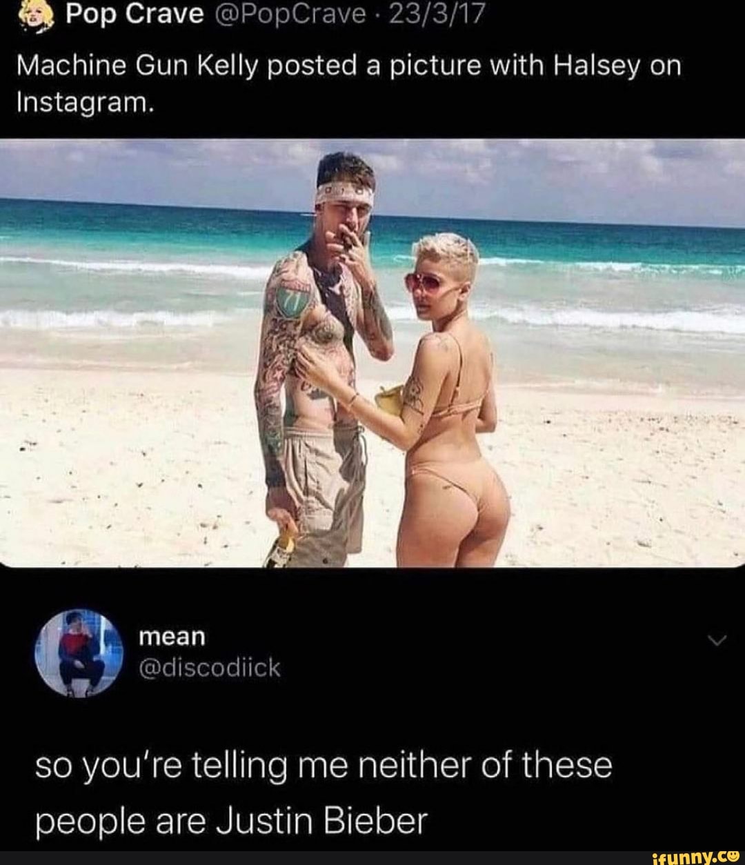 Pop Crave @PopCrave -
Machine Gun Kelly posted a picture with Halsey on
Instagram.
"LL. mean
@discodiick
so you're telling me neither of these people are Justin Bieber