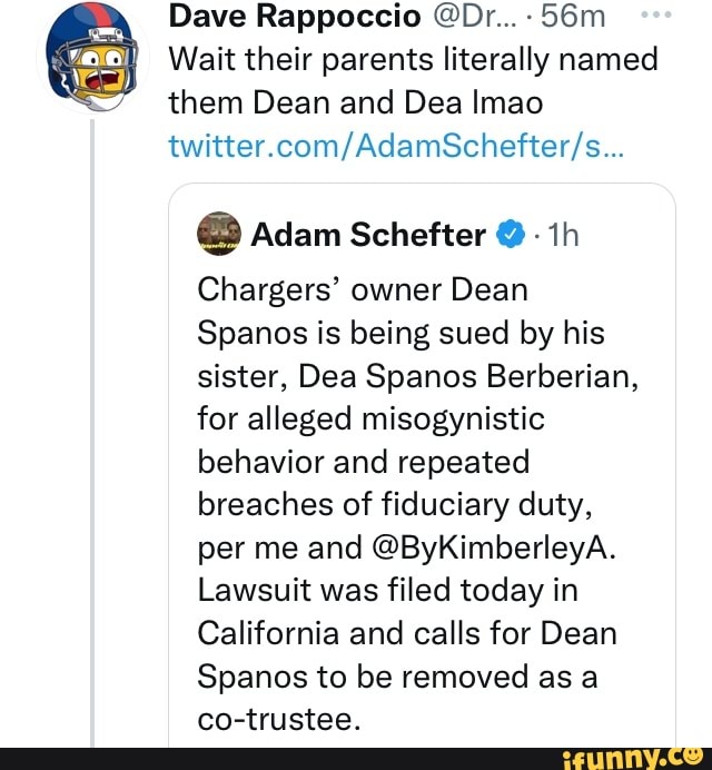 Chargers' owner Dean Spanos is being sued by his sister, Dea Spanos  Berberian, for alleged misogynistic behavior and repeated breaches of  fiduciary duty, per me and @ByKimberleyA. Lawsuit was filed today in