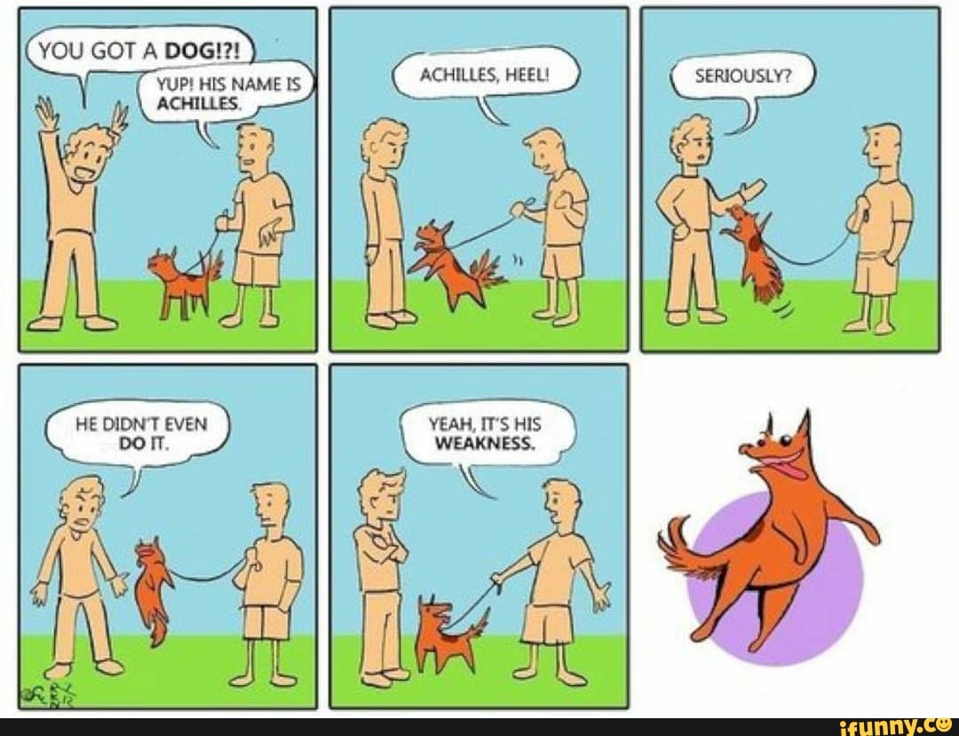 YOU GOT A DOG!?! S-
YUP! HIS NAME IS ACHILLES, HEEL! SERIOUSLY?
ACHILLES.
YEAH, IT'S HIS WEAKNESS.