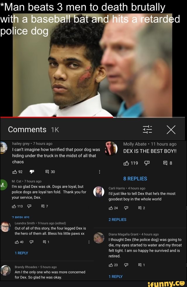 *Man beats 3 men to death brutally
police dog
with baseball bat and hits retarded
Comments
hailey grey 7 hours ago
can't imagine how terrified that poor dog was.
hiding under the truck in the midst of all that
chaos
30
M. Cat 7 hours
'm so glad Dex was ok. Dogs are loyal, but police dogs are loyal ten fold. Thank you for your service, Dex.
Leandra Smith 9 hours ago (edited)
SS Out of all of this story, the four legged Dex is.
the hero of them all. Bless his little paws xx
REPLY Brandy Rhoades Shours ago
'Am I the only one who was more concerned for Dex. So glad he was okay.
Molly Abate 11 hours ago
DEX IS THE BEST BOY!
Gus @a
8 REPLIES
Carli Harris 4 hours ago
I'd just like to tell Dex that he's the most goodest boy in the whole world
2 REPLIES
Diana Magafa Grant 4 hours ago thought Dex (the police dog) was going to die, my eyes started to water and my throat felt tight. am so happy he survived and is retired.
PP
REPLY