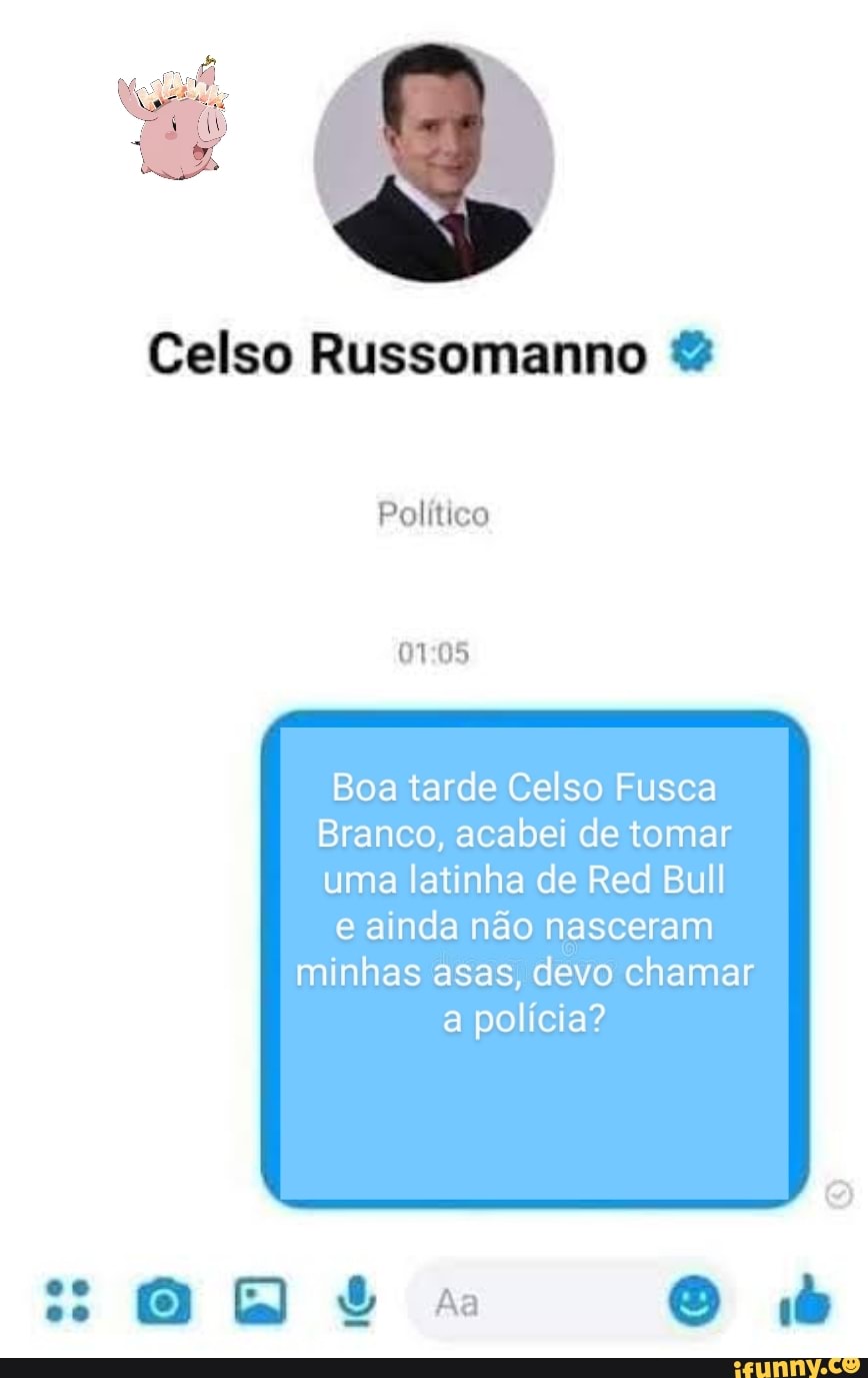 Celso Russomanno
Político
Boa tarde Celso Fusca
Branco, acabei de tomar uma latinha de Red Bull
e ainda não nasceram minhas asas, devo chamar a polícia?