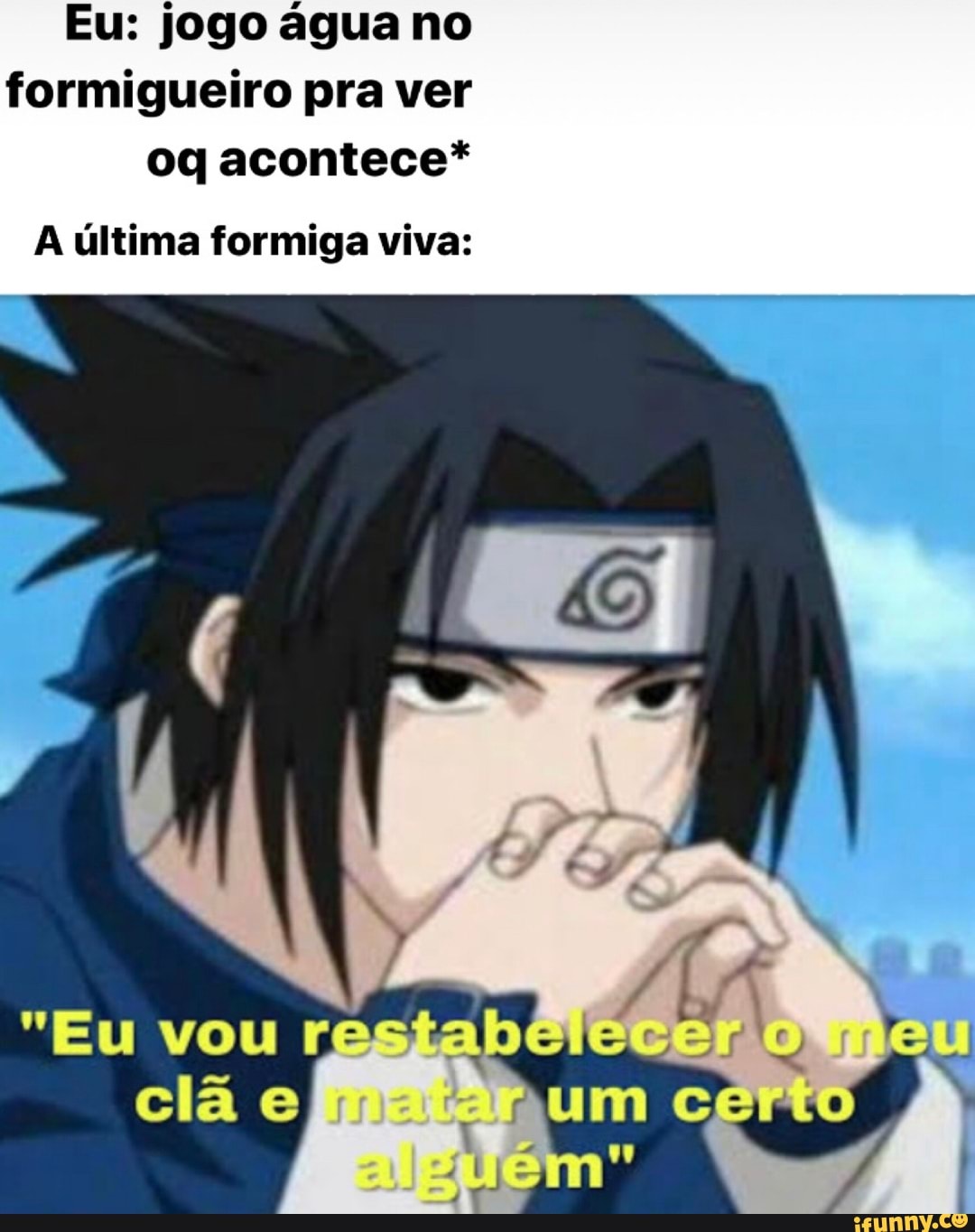Eu: jogo água no formigueiro pra ver oq acontece*
A última formiga viva:
"EU vou eu
clã UM