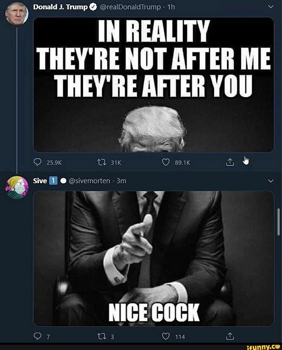 Donald J. rum
IN REALITY THEY'RE NOT AFTER ME THEY'RE AFTER YOU
25.9K
Sive @sivemorten
NICE COCK